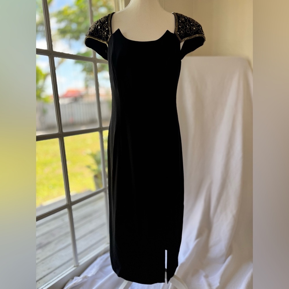 Elegant Black Dress with Beaded Detail on Cap Sleeve and Low Back